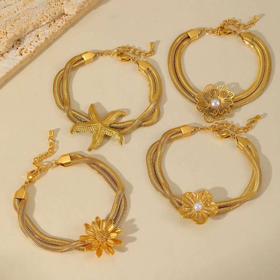 Sun Starfish Flower Bracelets  [304 Stainless Steel,18K Gold Plated]