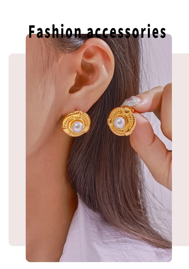 British Style Round Artificial Pearls eARRINGS [304 Stainless Steel,18K Gold Plated]