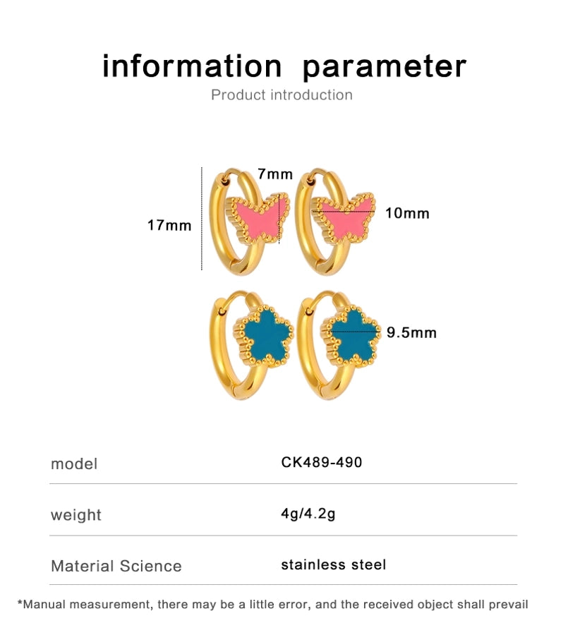 Blue Pink Flower Butterfly Enamel Earrings [304,316 Stainless Steel,18K Gold Plated]