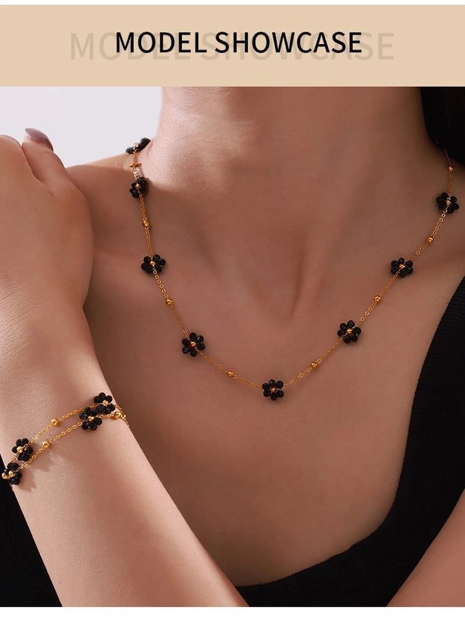 Black Daisy Flower Bracelet/Necklace [304 Stainless Steel,18K Gold Plated]