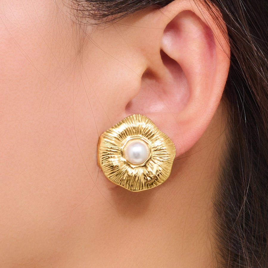 Round Flower Pearl Earrings [316 Stainless Steel,18K Gold Plated]