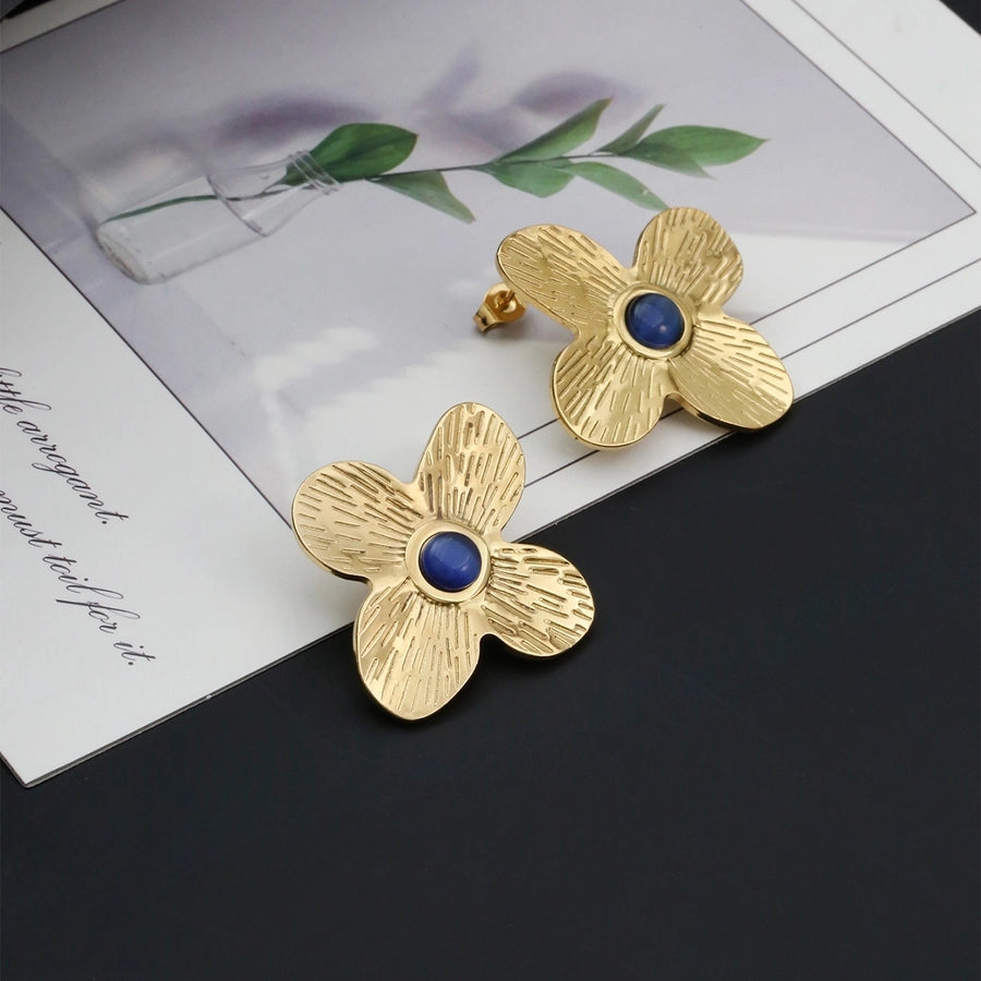 Flower Inlay Opal 18K Gold Plated Earrings [304 Stainless Steel, 18K Gold Plated]