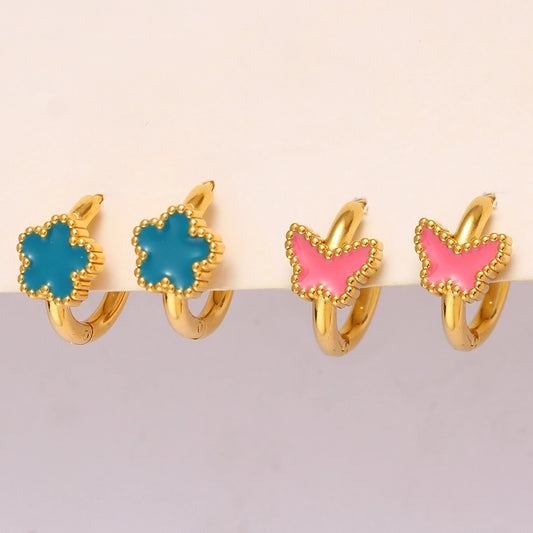 Blue Pink Flower Butterfly Enamel Earrings [304,316 Stainless Steel,18K Gold Plated]