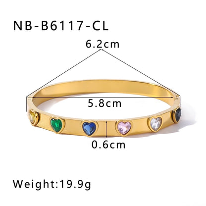 Heart Shape Zircon Bangle Bracelet [304 Stainless Steel, 18K Gold Plated]