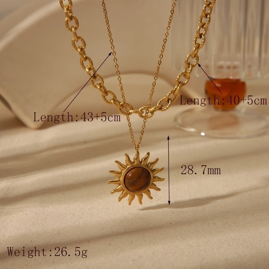 Sun Brown Stone Necklace [304 Stainless Steel,18K Gold Plated]