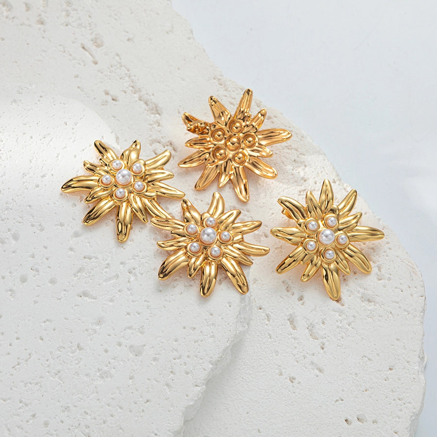 Chrysanthemum Pearl Earrings [304 Stainless Steel,14K Gold Plated]