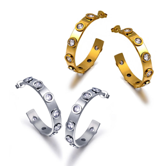 Round Zircon Hoop Earrings [304 Stainless Steel,18K Gold Plated]