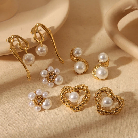 Imitation Pearl Zircon Earrings [304 Stainless Steel,18K Gold Plated]