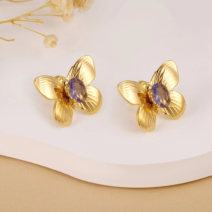 Butterfly Steel Zircon Earrings [304 Stainless Steel, 14K Gold Plated]