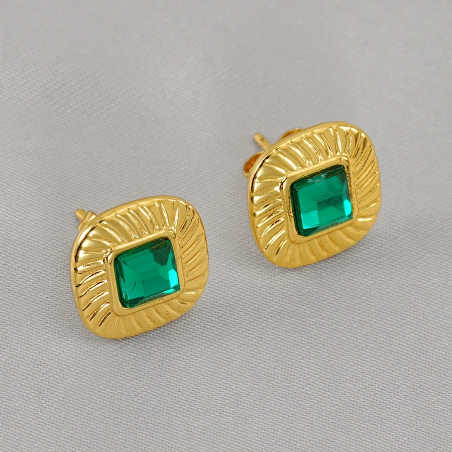 Square Green Glass Stone Earrings [304 Stainless Steel,18K Gold Plated]