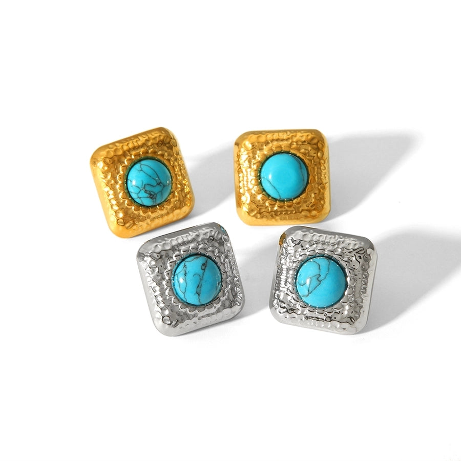 Square Blue Natural Stone Earrings [304 Stainless Steel,18K Gold Plated]