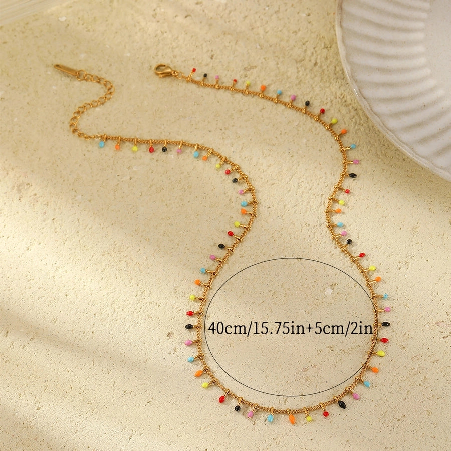 Colored Beads Necklace [304 Stainless Steel,18K Gold Plated]