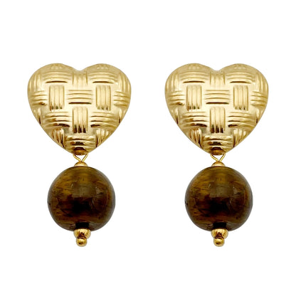 Round Beaded Heart Earrings [304 Stainless Steel, 14K Gold Plated]