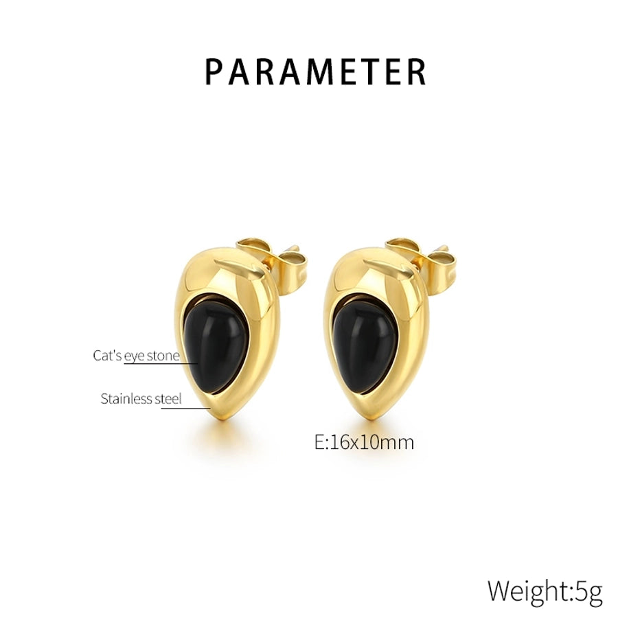 Black Stone Water Droplets Earrings [304 Stainless Steel, 18K Gold Plated]