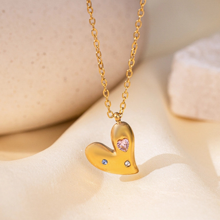 Heart Shape Artificial Rhinestones Necklace [304 Stainless Steel,18K Gold Plated]