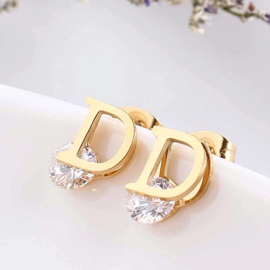 D Letter Rhinestone Earrings [304 Stainless Steel,18K Gold Plated]