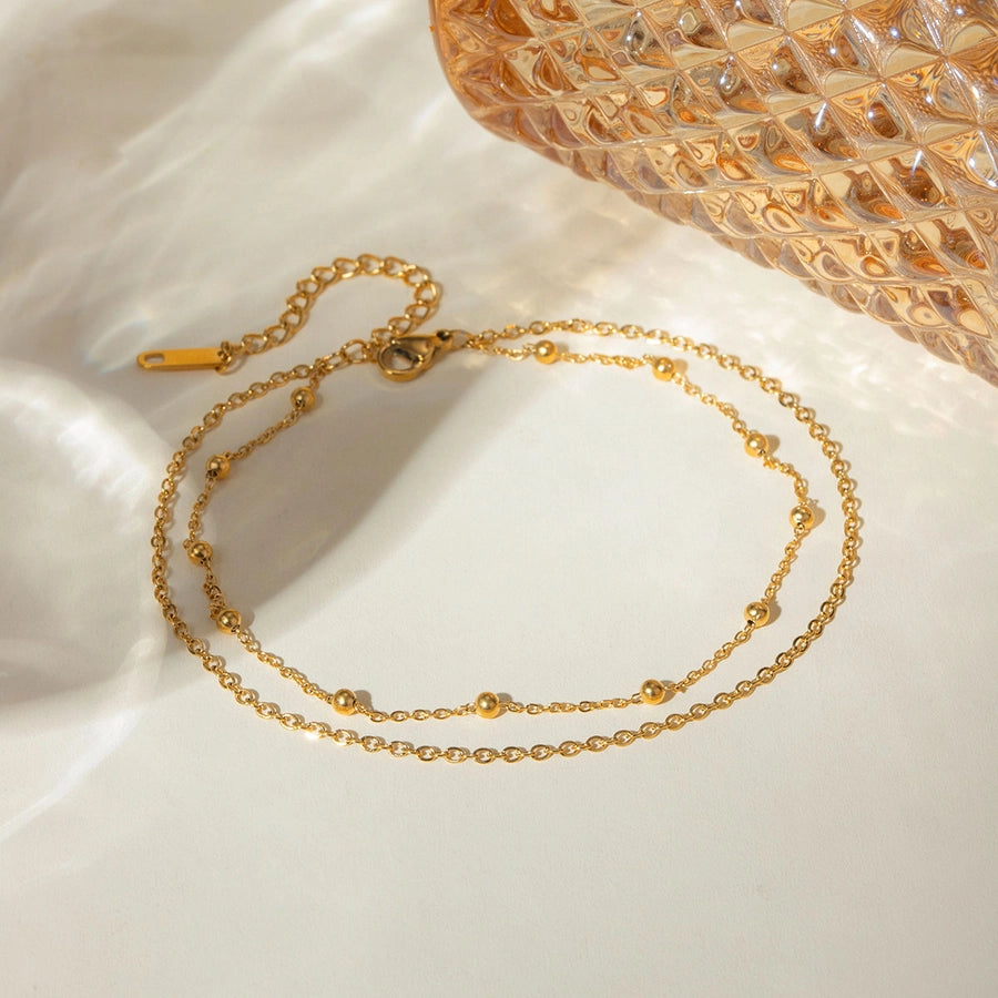 Gold Beads Layered Chain Anklet [304 Stainless Steel, 18K Gold Plated]