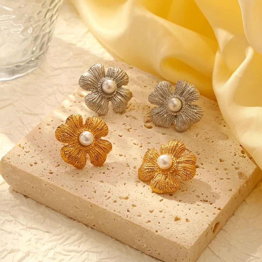 Flower Pearl Earrings [304 Stainless Steel,18K Gold Plated]