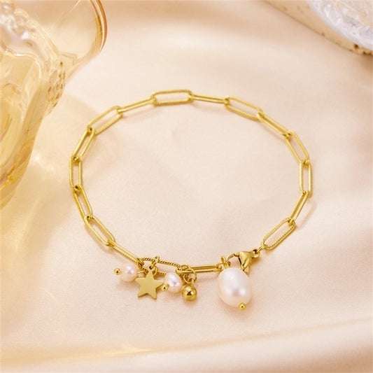 Retro Star Freshwater Pearl -armbånd [304 Rustfritt stål, 18K gullbelagt]