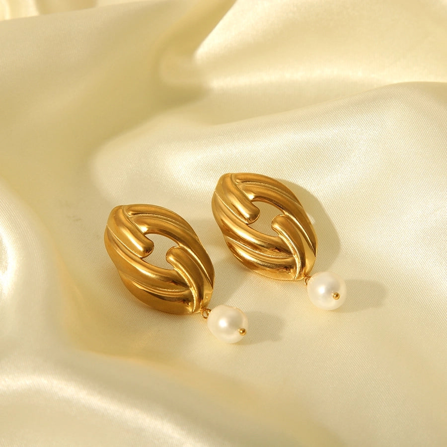 Oval Pleated Pearl Drop Earrings [304 Stainless Steel,18K Gold Plated]