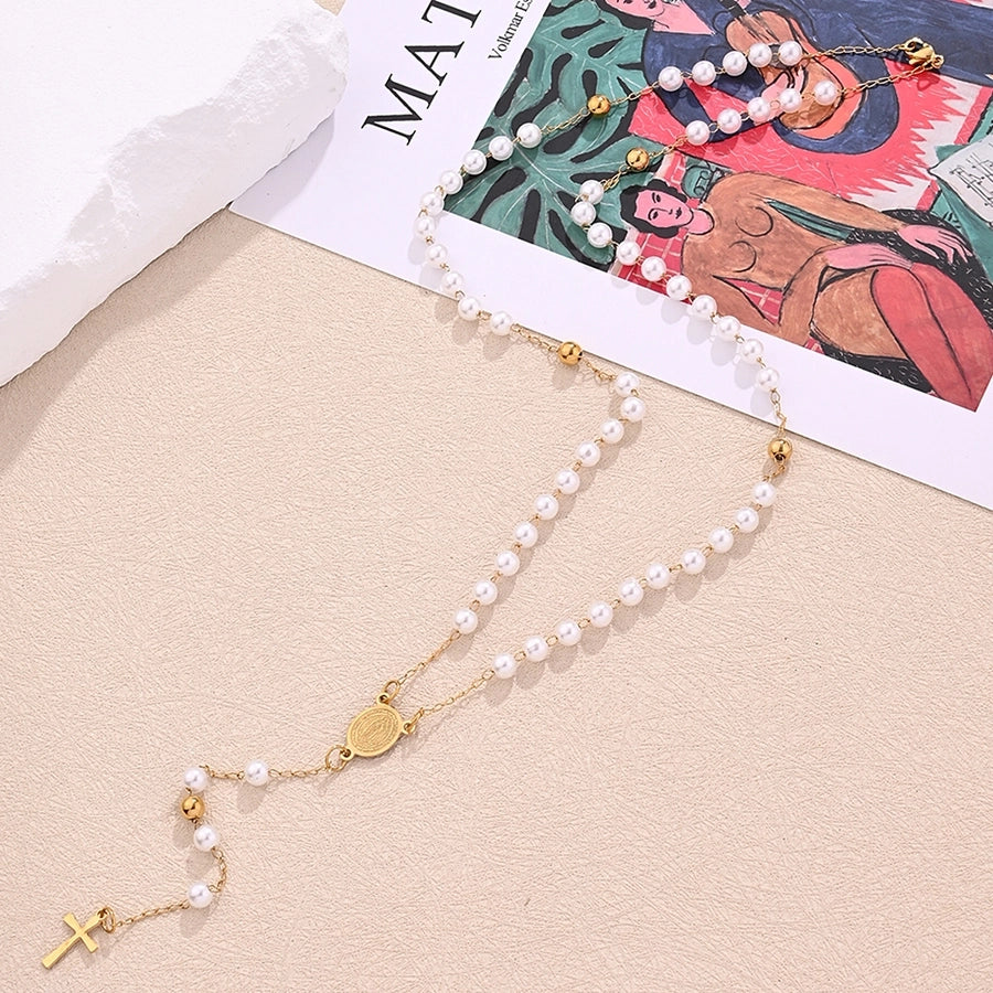 Collar Cross Virgin Mary Pearl [304 acero inoxidable, 18k de oro chapado]