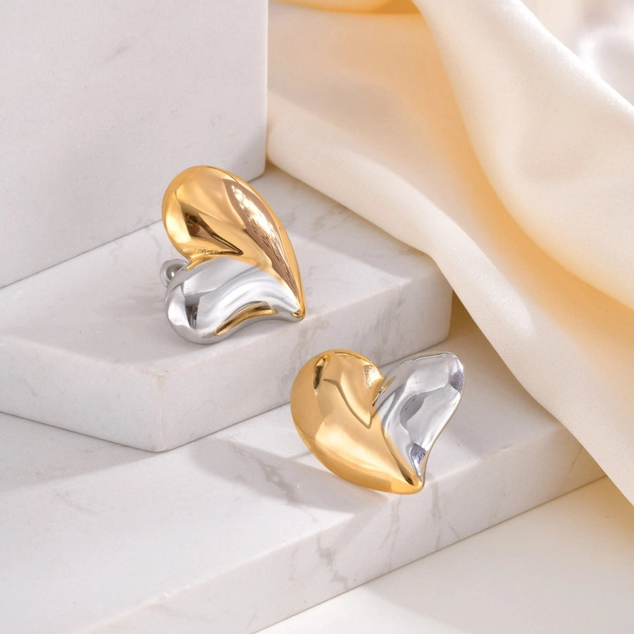 Duo Tone Heart Form Ohrringe [201 Edelstahl, 18K Gold plattiert]