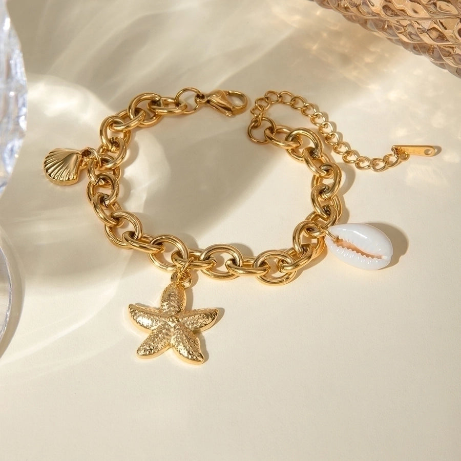 Vakantiestijl Starfish/Shell -armband [304 Roestvrij staal, 18K GOUD VOORGEPLATEERD]