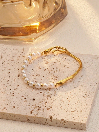 Plastic Pearls Bangle Bracelet  [304 Stainless Steel,18K Gold Plated]