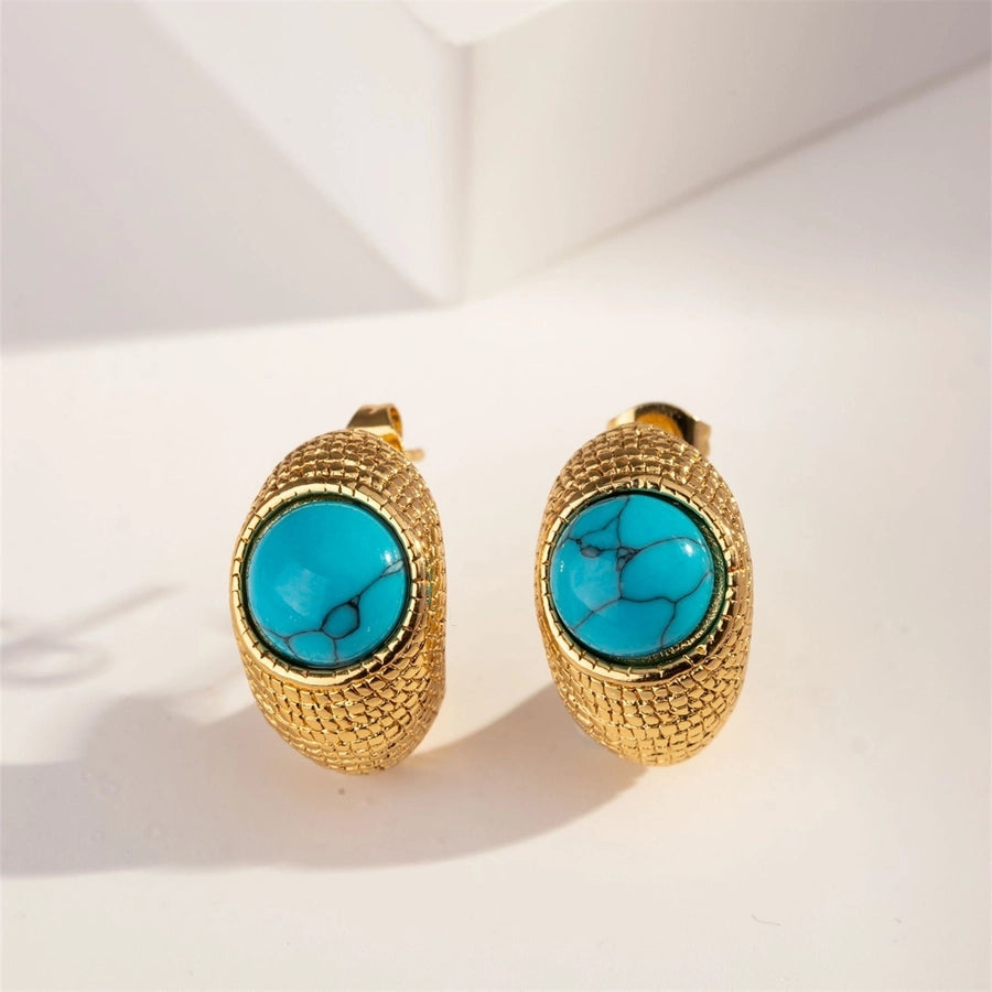 Round Blue Stone Earrings [304 Stainless Steel, 18K Gold Plated]