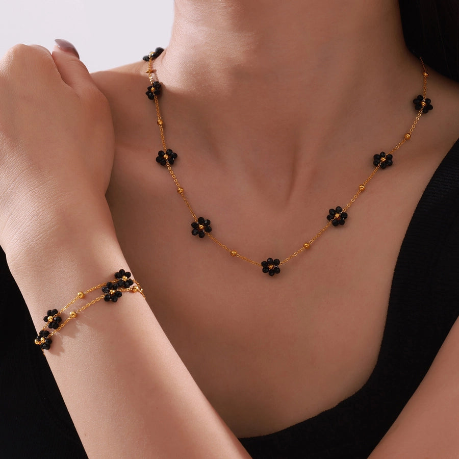 Black Daisy Flower Bracelet/Necklace [304 Stainless Steel,18K Gold Plated]