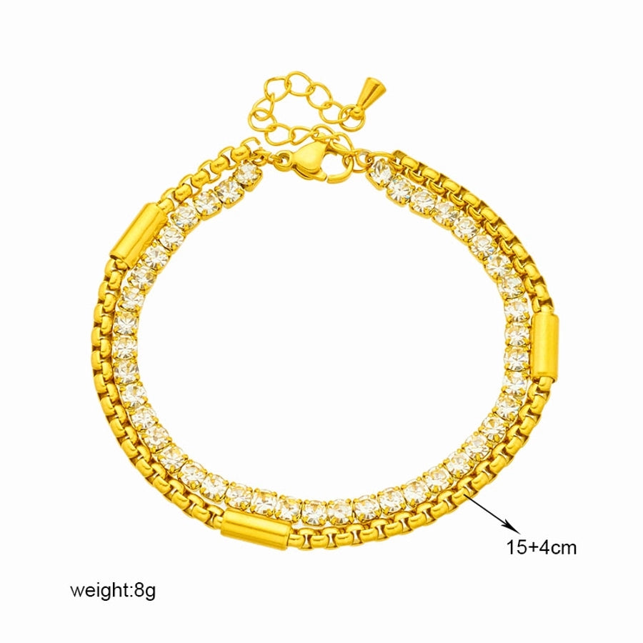 Round Rhinestones Layered Bracelet [304 Stainless Steel,18K Gold Plated]