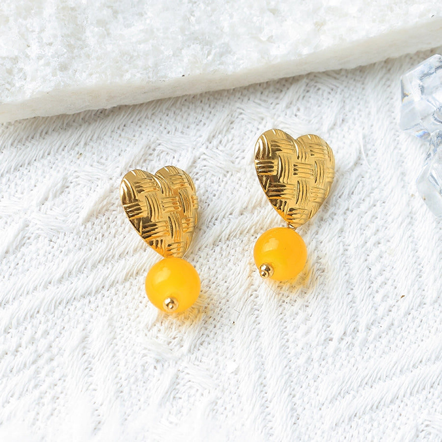 Round Beaded Heart Earrings [304 Stainless Steel, 14K Gold Plated]