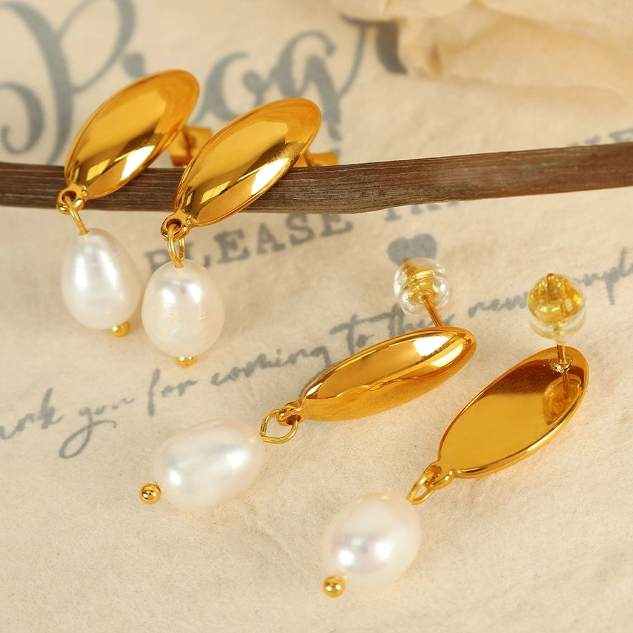 Freshwater Pearl Oval Drop Earrings [304 Stainless Steel,18K Gold Plated]