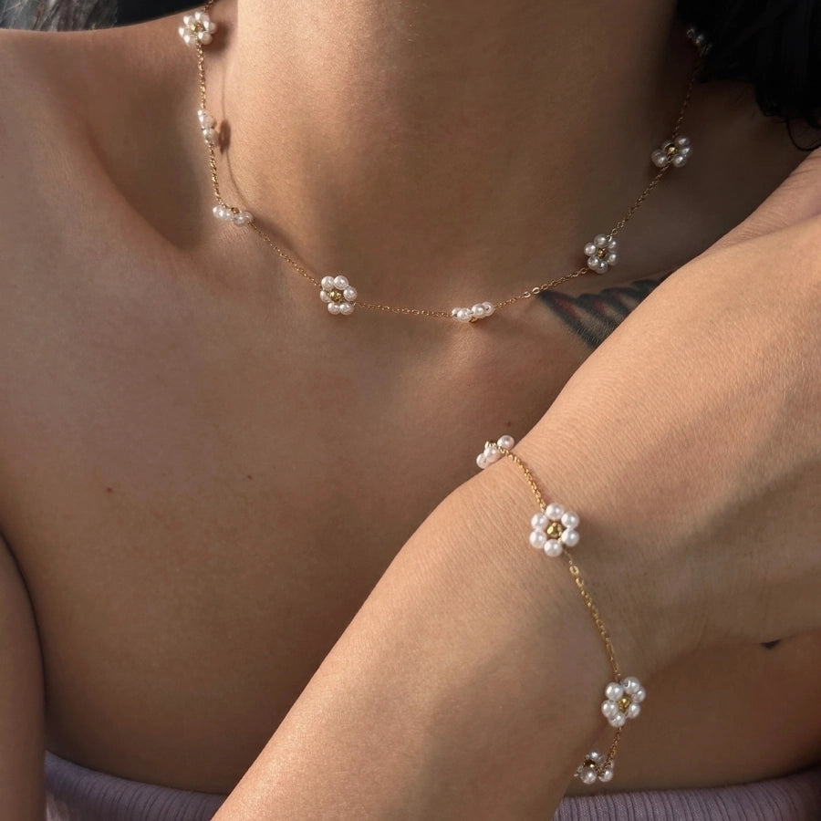 White Flower Necklace/Bracelet [304 Stainless Steel,18K Gold Plated]