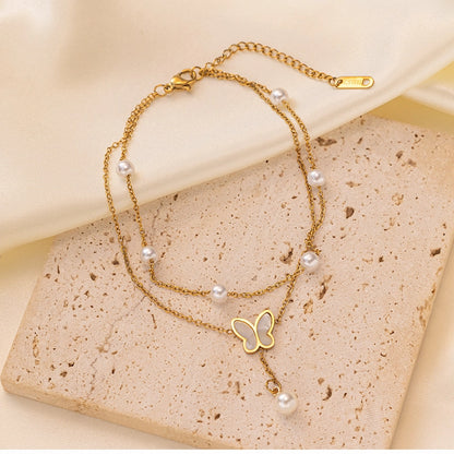 Pearl Butterfly Layered Anklet [304 Stainless Steel, 18K Gold Plated]