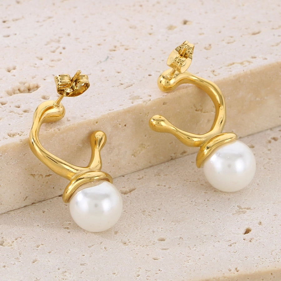 Round Pearl Drop Earrings [304 Stainless Steel,18K Gold Plated]