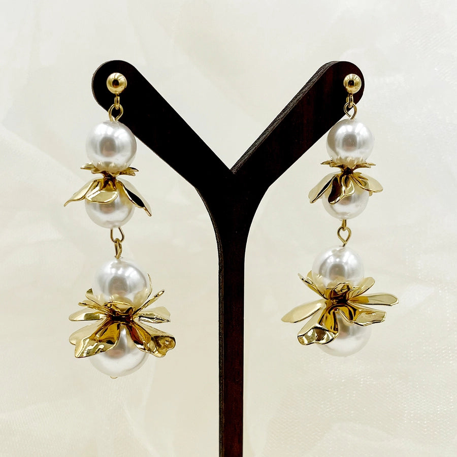 Flower Inlay Pearl Drop Earrings [304 Stainless Steel,14K Gold Plated]