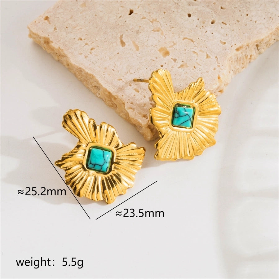 Pendientes turquesa de hojas [304 acero inoxidable, 18k dorado chapado]