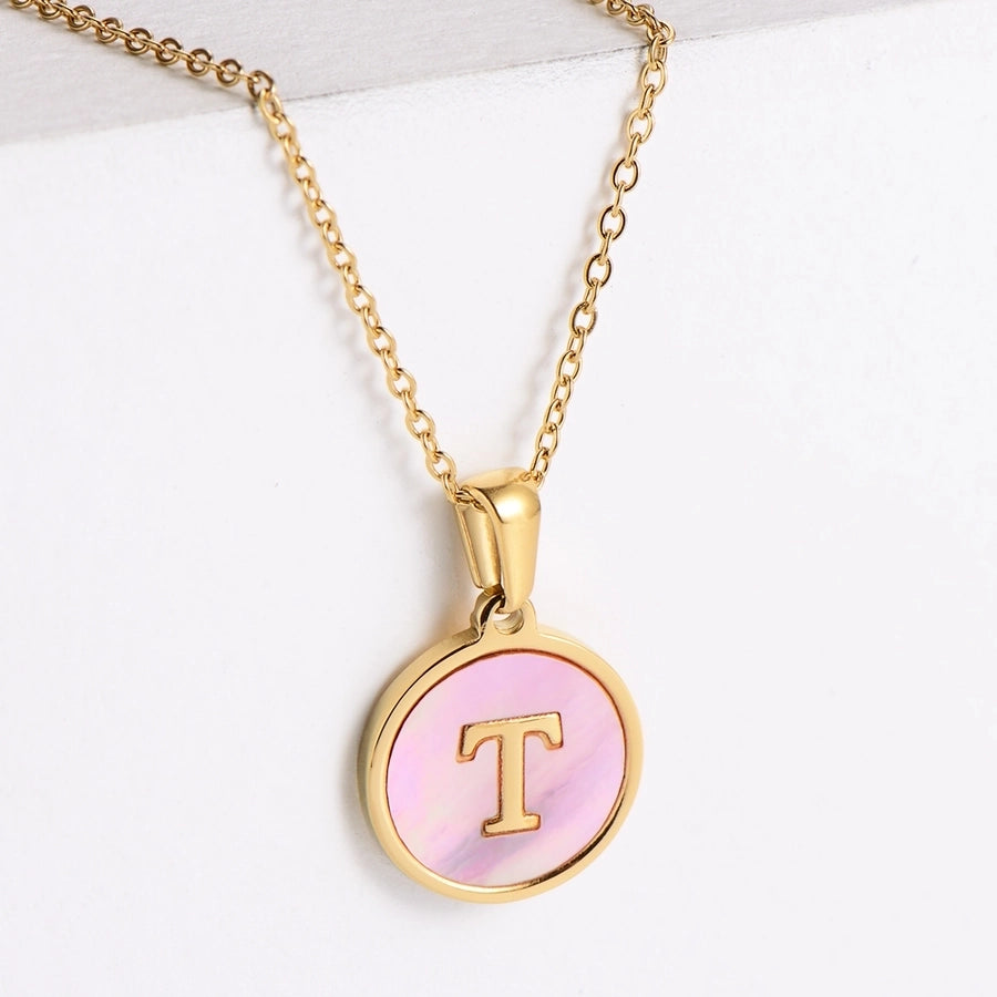 Pink Shell Letter Necklaces [304 Stainless Steel,18K Gold Plated]