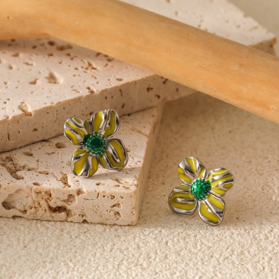 Flower Green Enamel Ear Studs [304 Stainless Steel,18K Gold Plated]