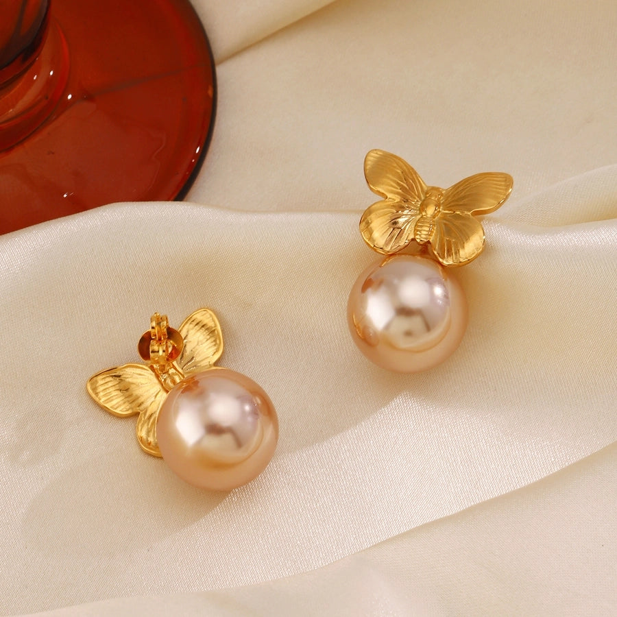 Butterfly Artificial Pearls Earrings [304 Stainless Steel,18K Gold Plated]