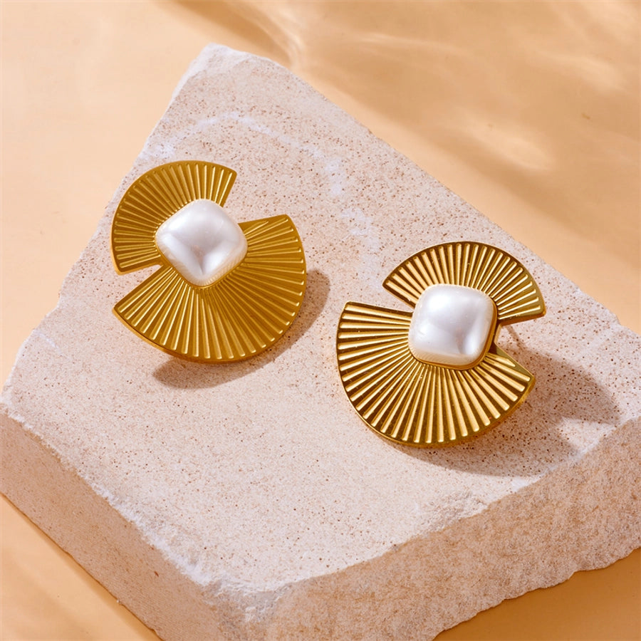 Vintage Style Sector Asymmetrical Artificial Pearls Earrings [304 Stainless Steel, 18K Gold Plated]