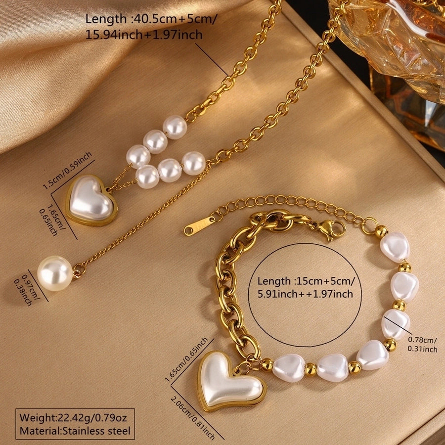 Heart Shape Beaded PearlBracelet/Necklace/Jewelry Set [304 Stainless Steel, 18K Gold Plated]