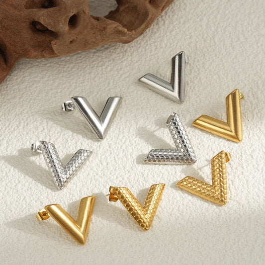 V Letter Earrings [304 Stainless Steel,18K Gold Plated]