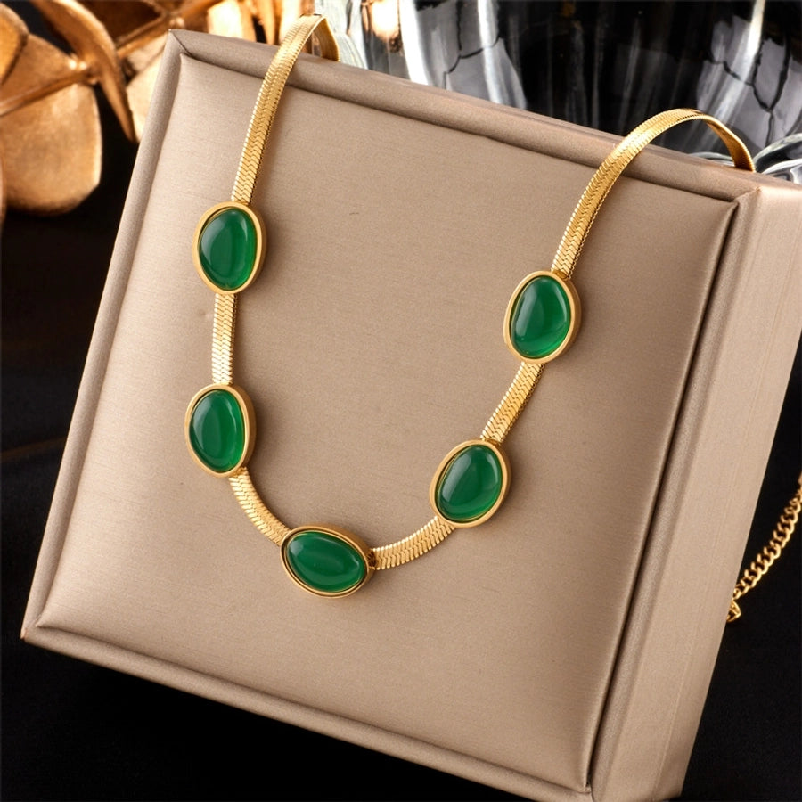 Green Artificial Gemstones Bracelet/Earrings/Necklace [Stainless Steel, 18K Gold Plated]