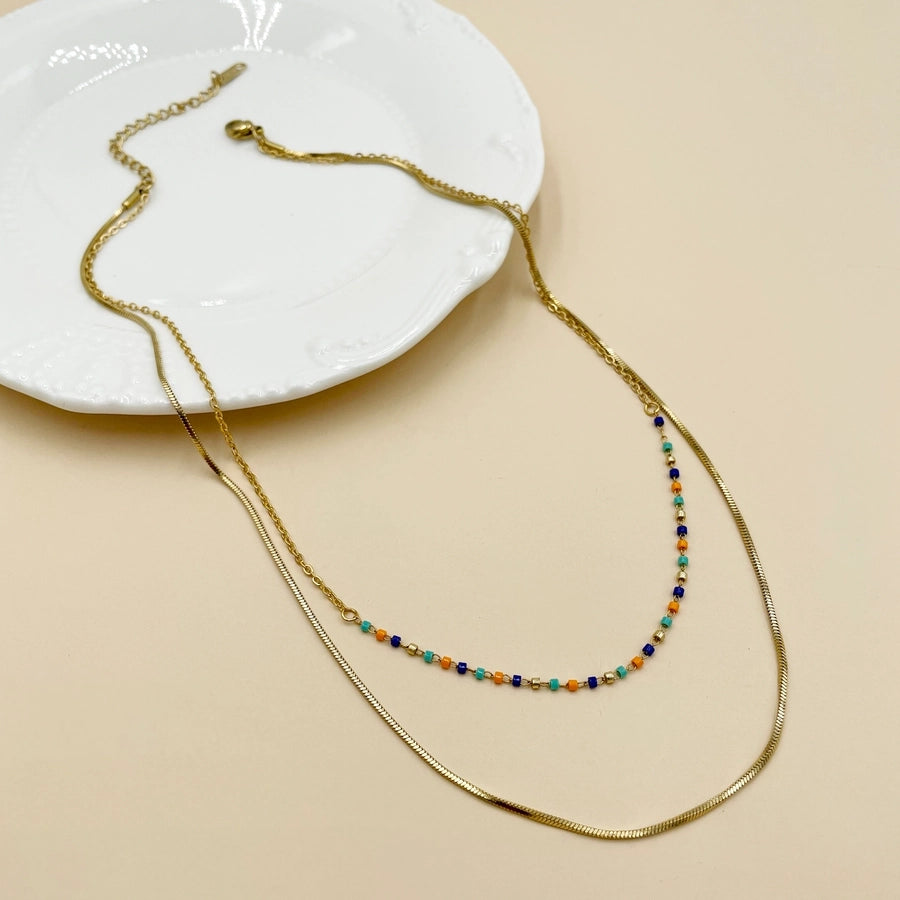 Colorful Beads Layered Necklace [304 Stainless Steel,18K Gold Plated]