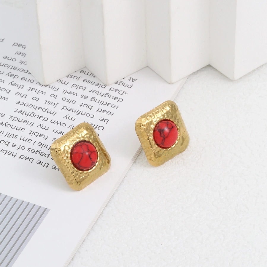 Square Natural Stone Ear Studs [304 Stal nierdzewna, 18 -karatowy złota]