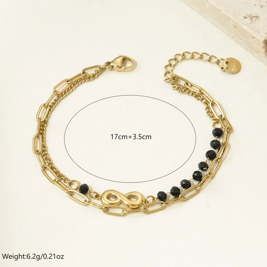 Black Beads Chain Bracelets[304 Stainless Steel, 14K Gold Plated]