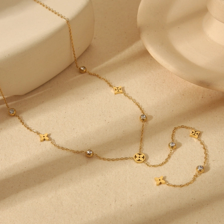 Four Leaf Clover Flower Zircon Necklace [304 Stainless Steel,18K Gold Plated]