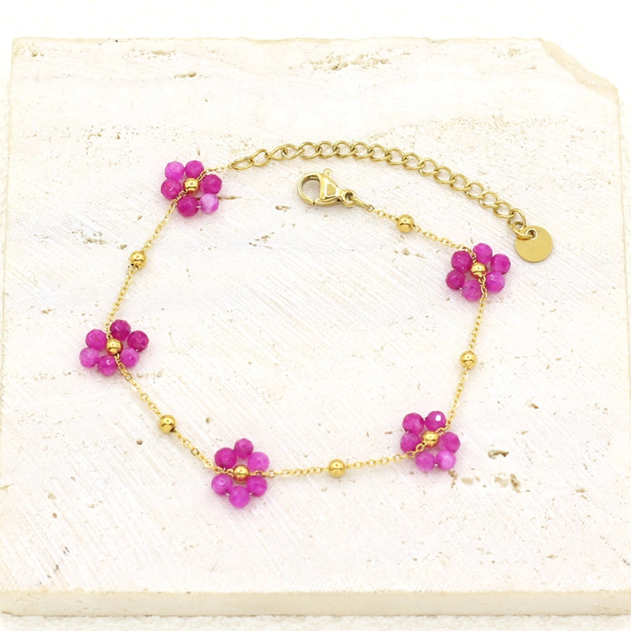 Pink Flower Artificial Pearl Bracelets [304 Stainless Steel]